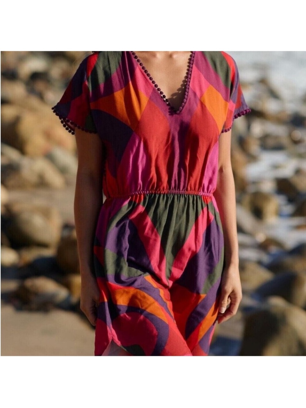 Anthropologie Multicolor V-Neck Midi Dress in Pink, Orange & Olive